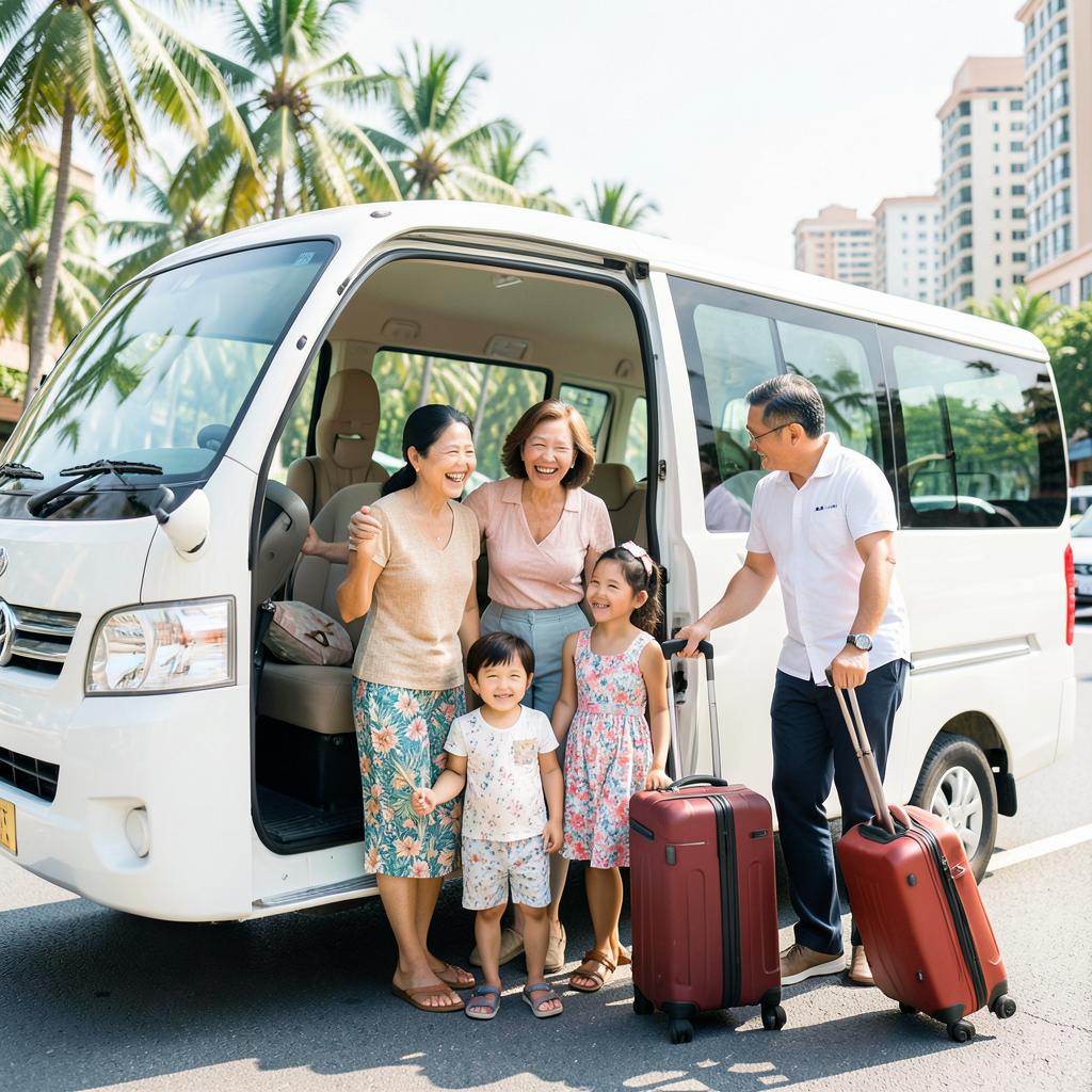 A smiling family being welcomed to their arranged transport with luggage handled for them